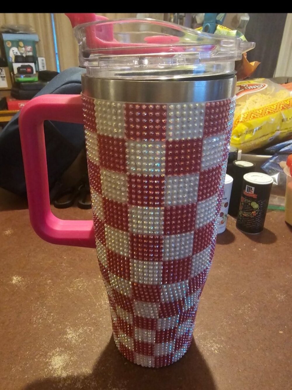 Rhinestone pink and white stainless steel cup